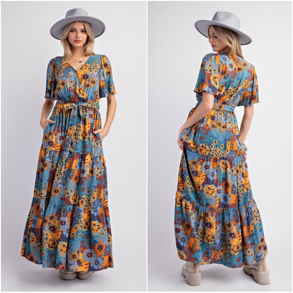 NWOT Easel Boho Floral Maxi Dress - Blue and Orange - Picture 3 of 3
